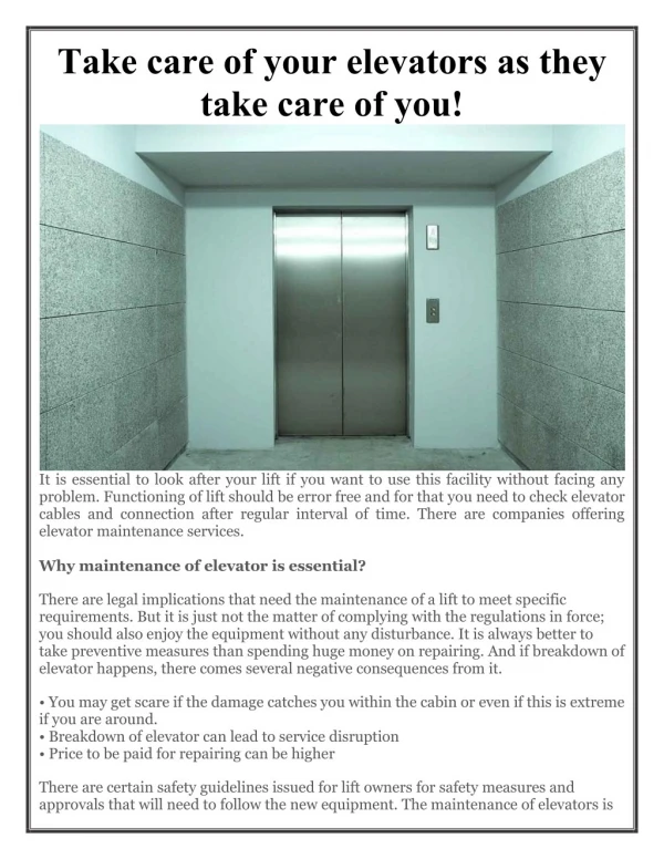 Take care of your elevators as they take care of you