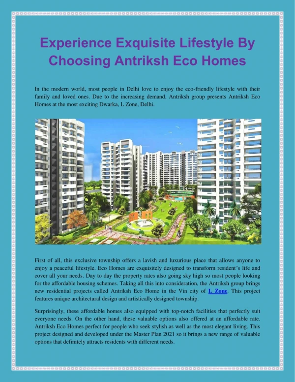 Experience Exquisite Lifestyle By Choosing Antriksh Eco Homes