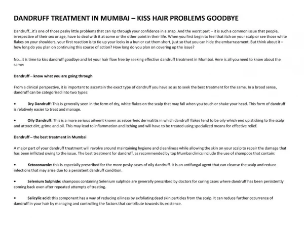 DANDRUFF TREATMENT IN MUMBAI – KISS HAIR PROBLEMS GOODBYE