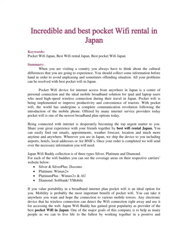 Incredible and best pocket Wifi rental in Japan