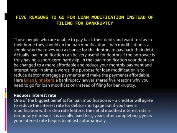 Five Reasons to go for Loan Modification Instead of Filing for Bankruptcy