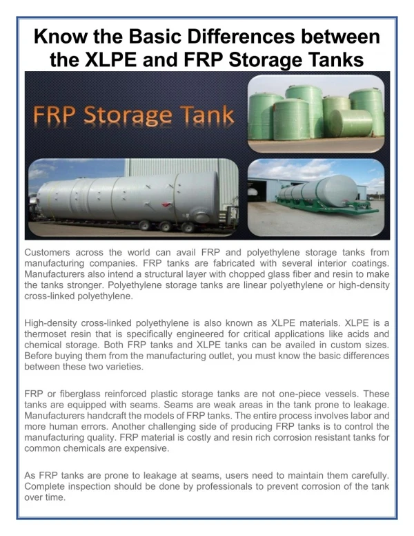 Know the Basic Differences between the XLPE and FRP Storage Tanks