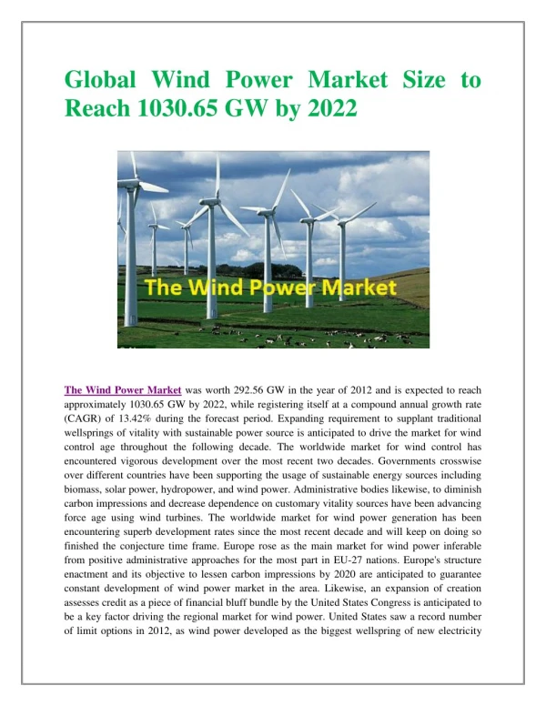 Global Wind Power Market Size to Reach 1030.65 GW by 2022