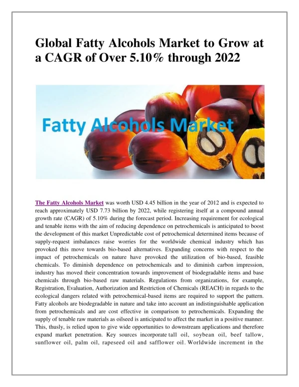 Global Fatty Alcohols Market to Grow at a CAGR of Over 5.10% through 2022