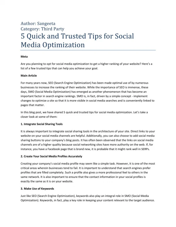 5 Quick and Trusted Tips for Social Media Optimization
