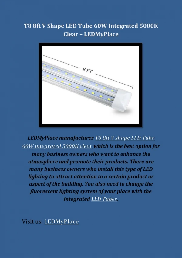 T8 8ft V Shape LED Tube 60W Integrated 5000k Clear & 6500k Clear
