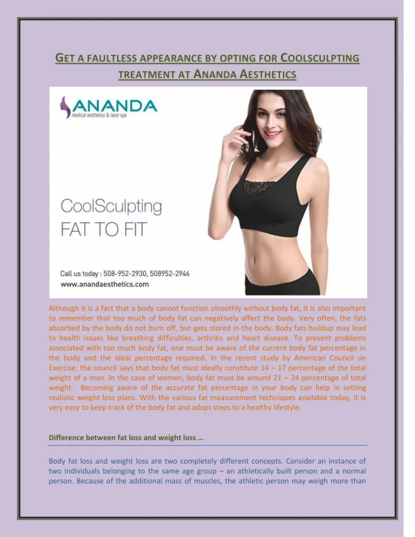 GET A FAULTLESS APPEARANCE BY OPTING FOR COOLSCULPTING TREATMENT AT ANANDA AESTHETICS