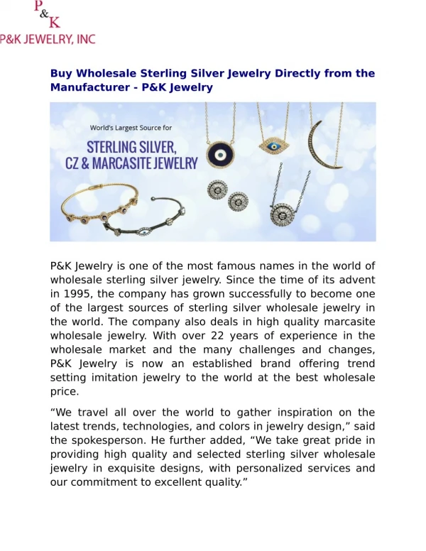 Buy Wholesale Sterling Silver Jewelry Directly from the Manufacturer - P&K Jewelry