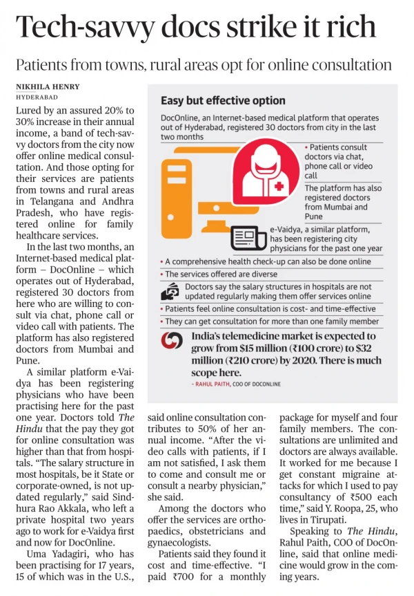 Rahul Paith COO of DocOnline Speaking to The Hindu About Online Medicine