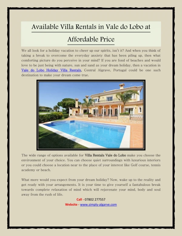 Available Villa Rentals in Vale do Lobo at Affordable Price