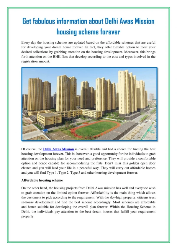 Get fabulous information about Delhi Awas Mission housing scheme forever