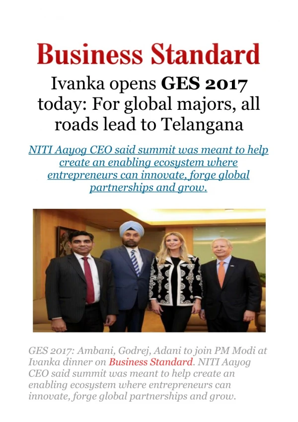 GES 2017: Ambani, Godrej, Adani to join PM Modi at Ivanka dinner