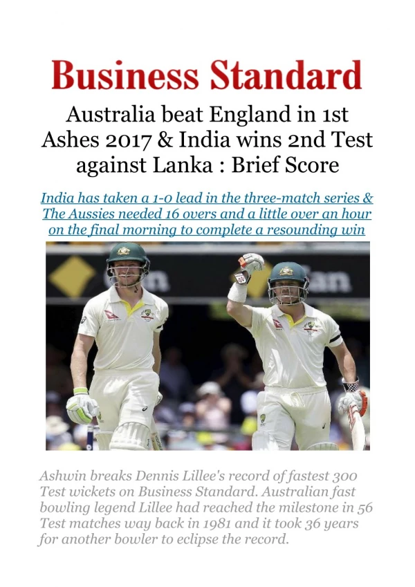 Australia beat England in 1st Ashes 2017 & India wins 2nd Test against Lanka : Brief Score