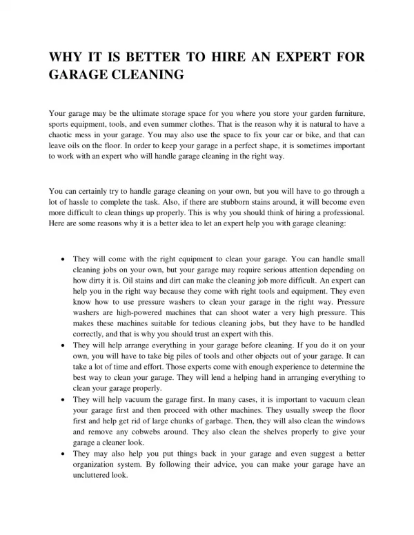 Why it is better to hire an expert for garage cleaning