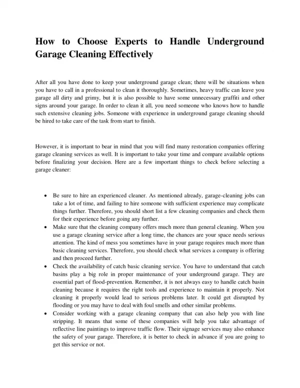 How to choose experts to handle underground garage cleaning effectively