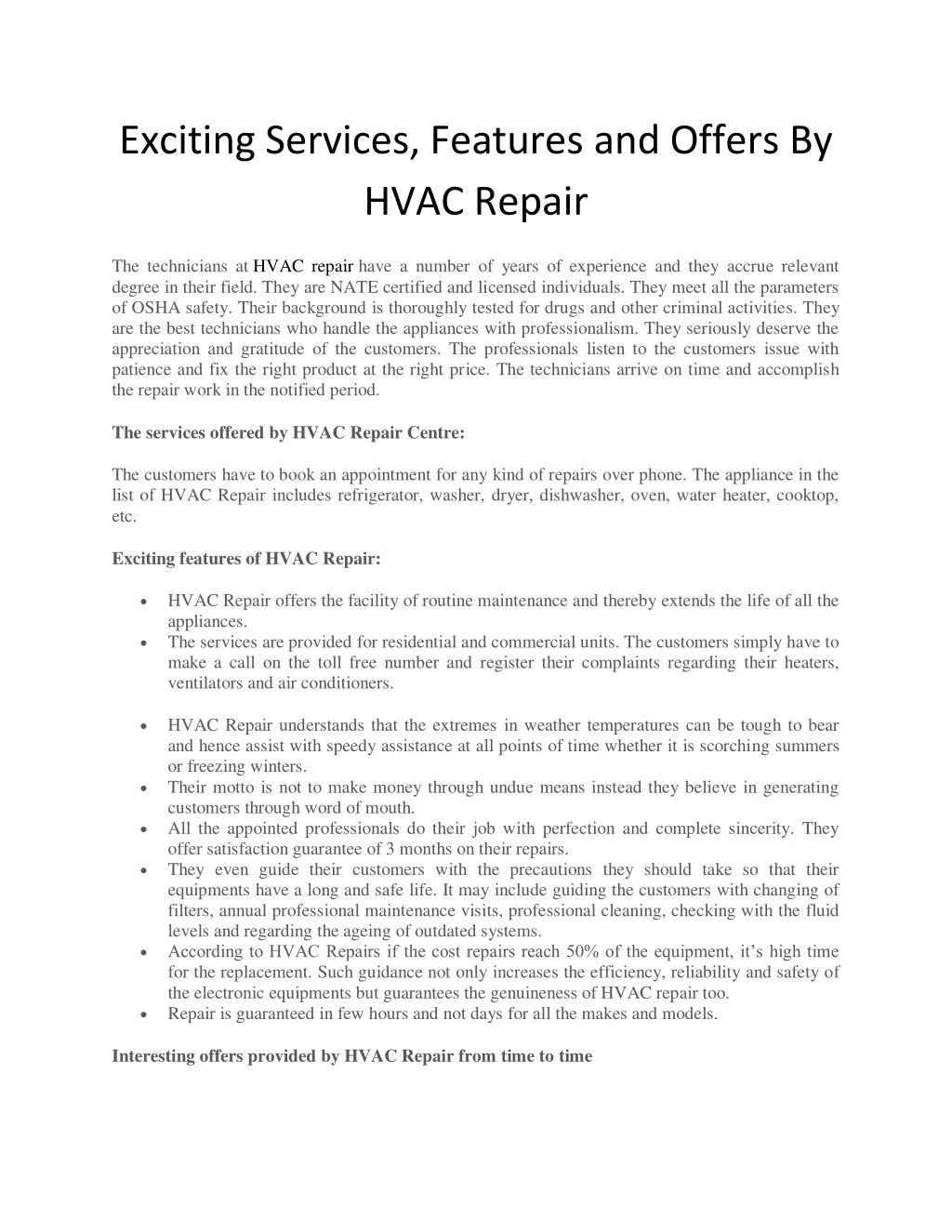 exciting services features and offers by hvac