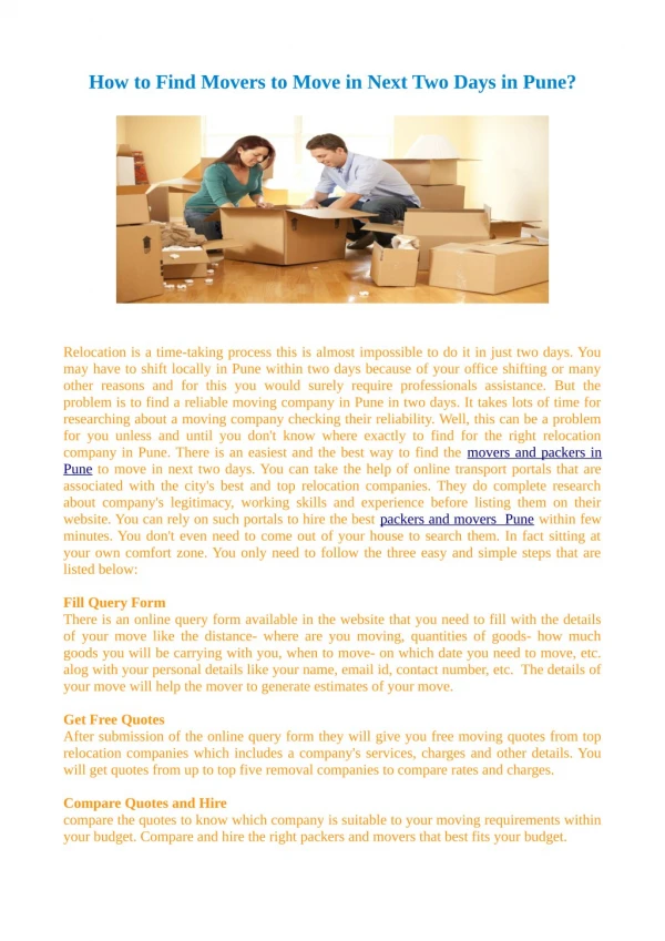 How to Find Movers to Move in Next Two Days in Pune?