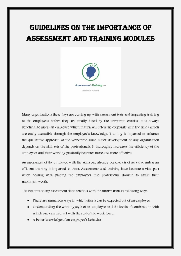 Guidelines on the importance of Assessment and Training modules