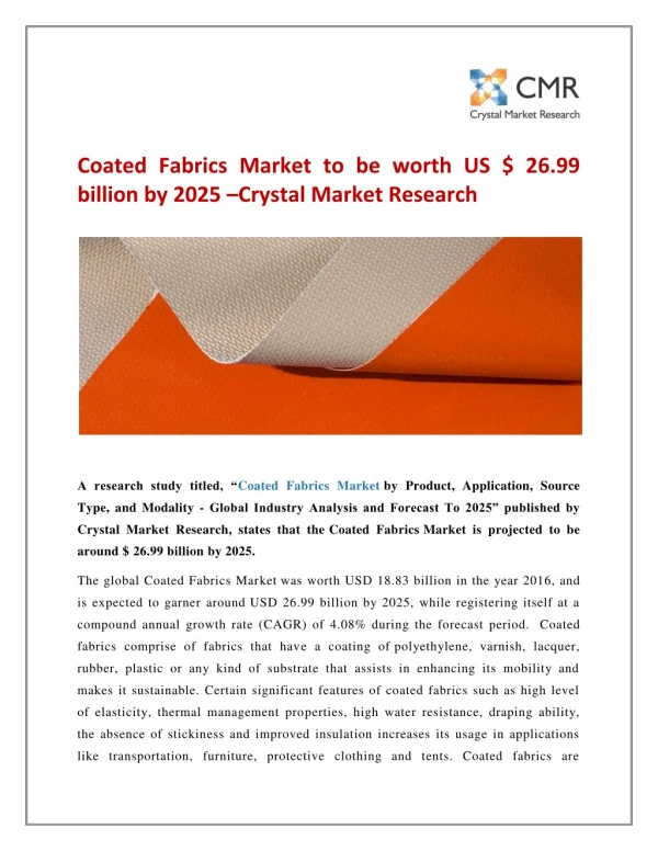 Coated Fabrics Market to be worth US $ 26.99 billion by 2025 –Crystal Market Research