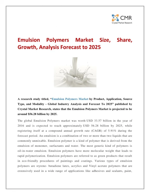 Emulsion Polymers Market Size, Share, Growth, Analysis Forecast to 2025