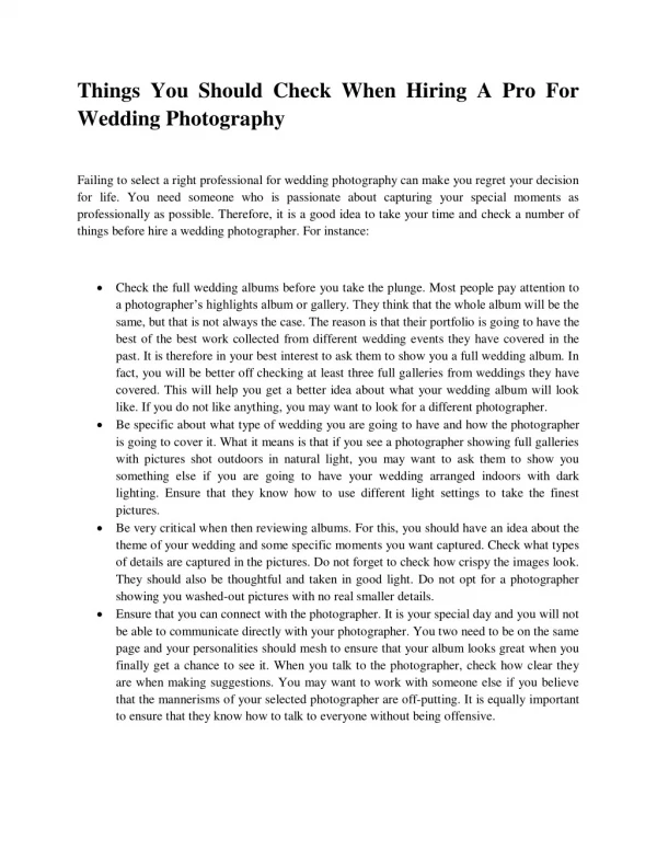 Things you should check when hiring a pro for wedding photography