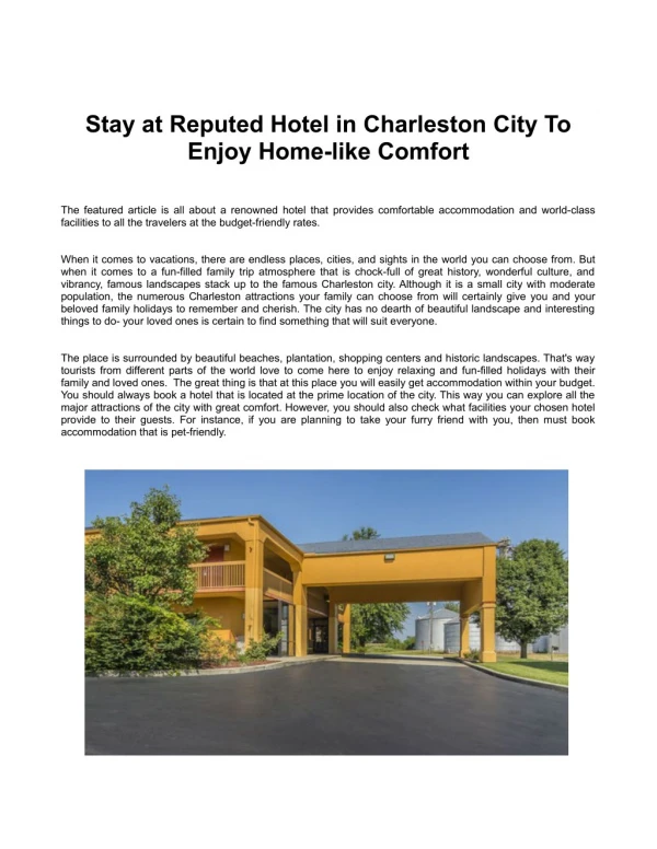 Stay at Reputed Hotel in Charleston City To Enjoy Home-like Comfort