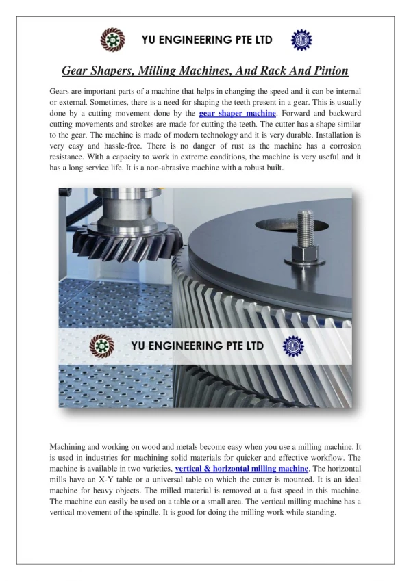 Gear Shapers, Milling Machines, And Rack And Pinion