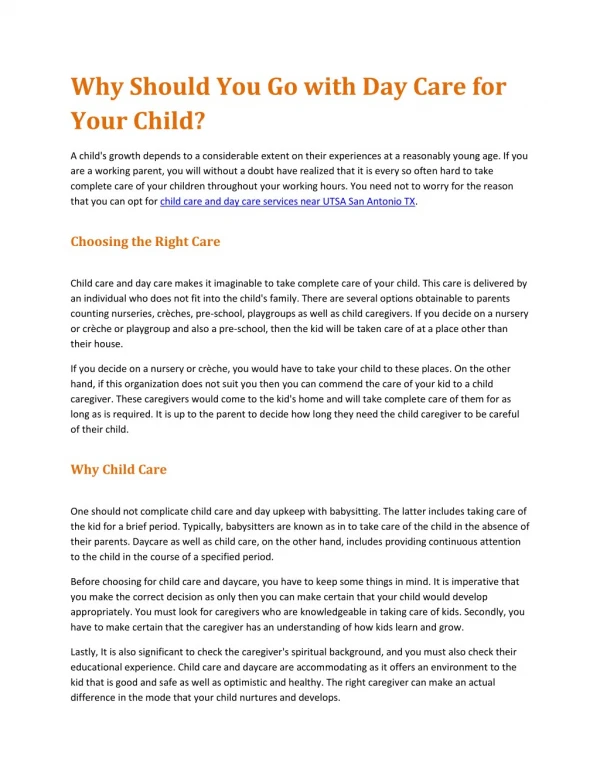 Why Should You Go with Day Care for Your Child?