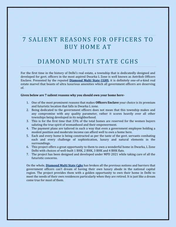REASONS FOR OFFICERS TO BUY HOME AT DIAMOND MULTI STATE CGHS
