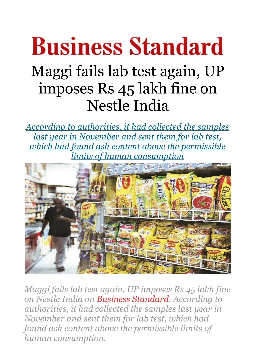 maggi fails lab test again up imposes rs 45 lakh
