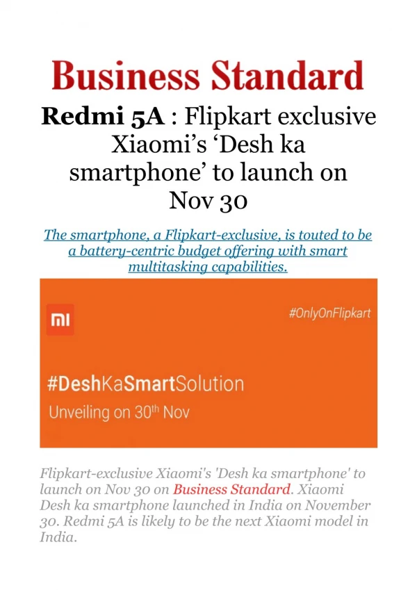 Flipkart-exclusive Xiaomi's 'Desh ka smartphone' to launch on Nov 30