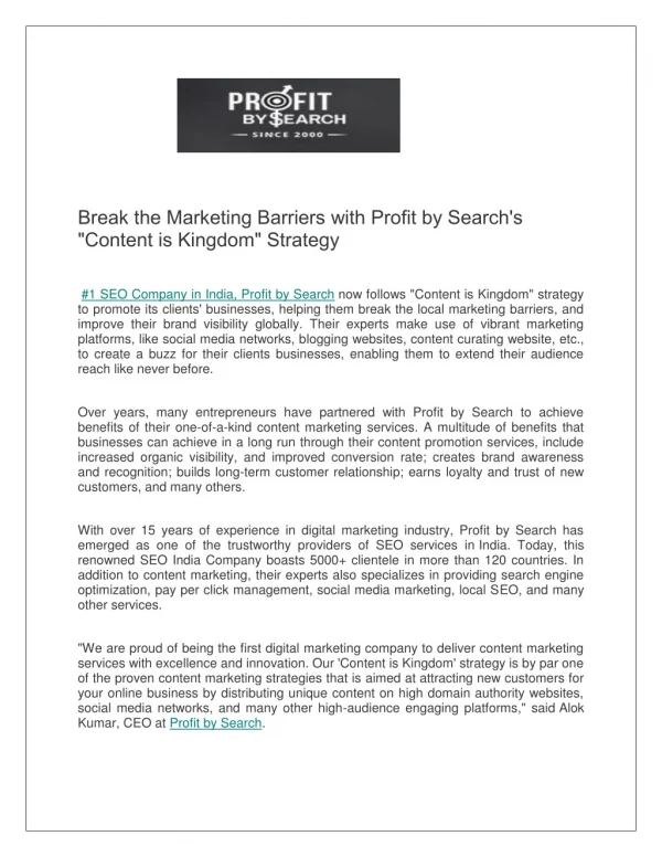 Break the Marketing Barriers with Profit by Search's Content is Kingdom Strategy