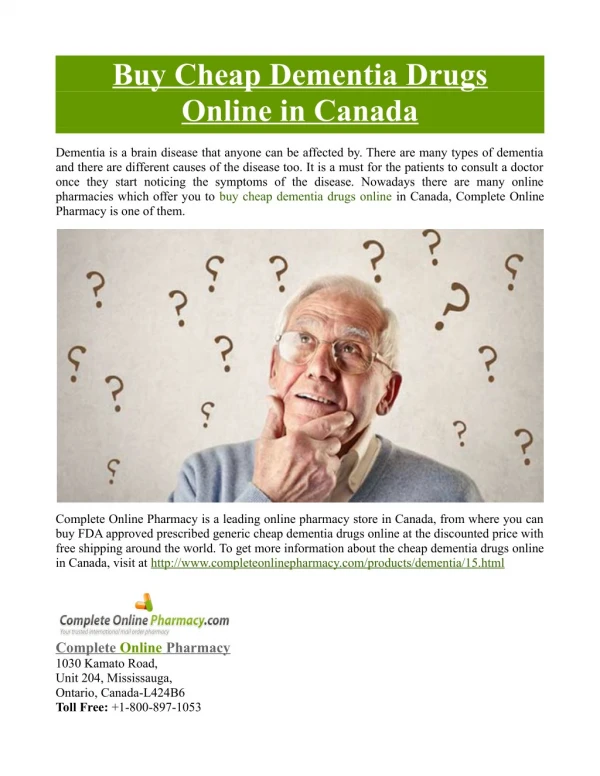 Buy Cheap Dementia Drugs Online in Canada