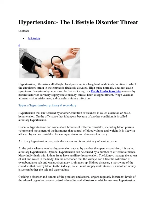Hypertension:- The Lifestyle Disorder Threat