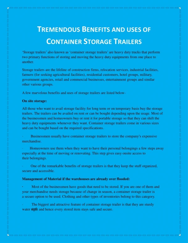 Tremendous Benefits and uses of Container Storage Trailers