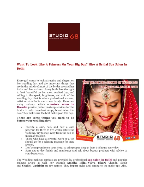Want To Look Like A Princess On Your Big Day? Hire A Bridal Spa Salon In Delhi