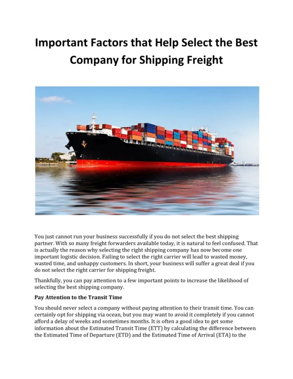 Important Factors that Help Select the Best Company for Shipping Freight