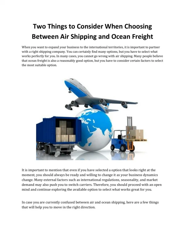 Two Things to Consider When Choosing Between Air Shipping and Ocean Freight