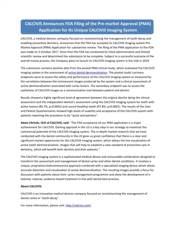 CALCIVIS Announces FDA Filing of the Pre-market Approval (PMA) Application
