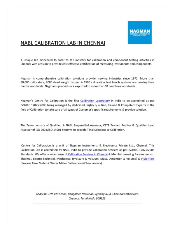 NABL Calibration Lab in Chennai
