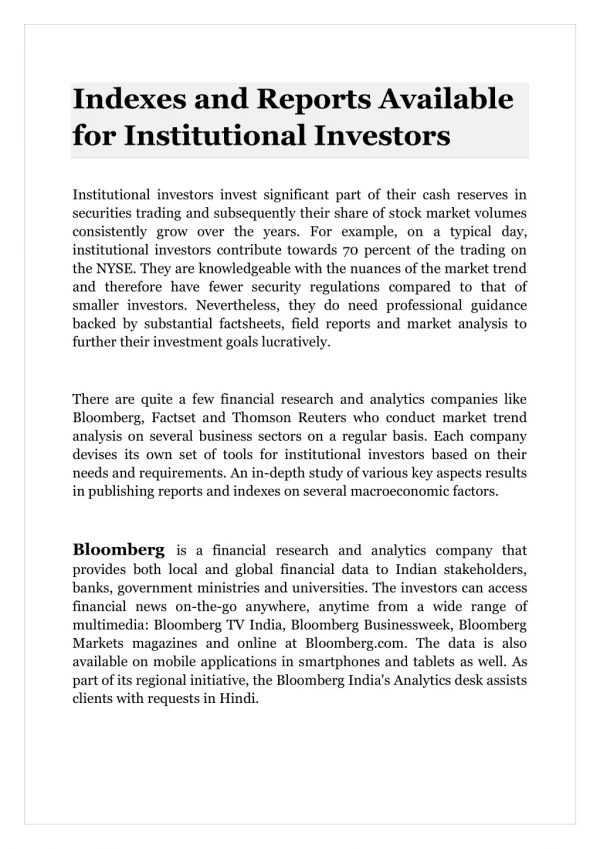 Indexes and Reports Available for Institutional Investors