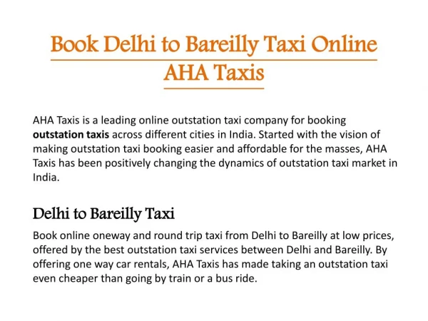 Book Delhi to Bareilly Taxi Online | AHA Taxis