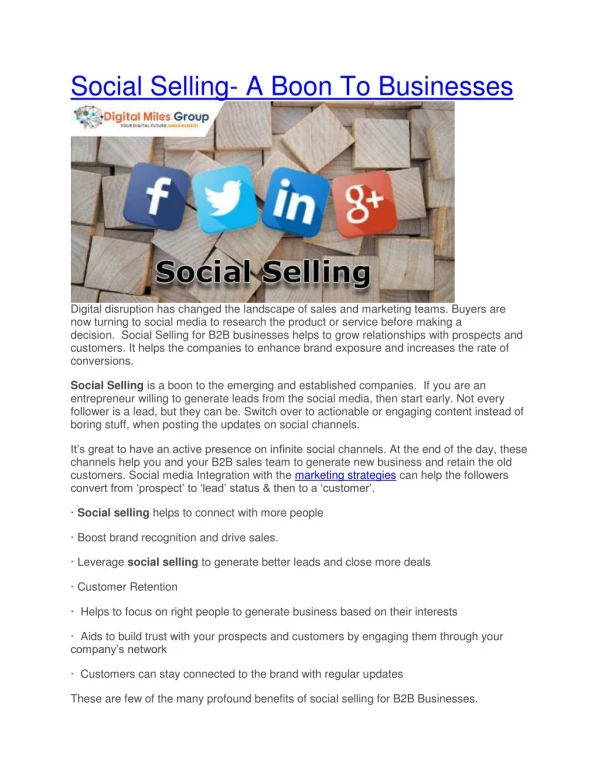 Social Selling for B2B Businesses-A Whole New & Powerful Way to increase ROI & Connect Buyers to Sellers