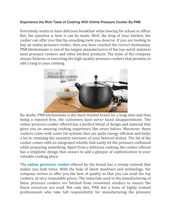 Experience the Rich Taste of Cooking With Online Pressure Cooker By PNB