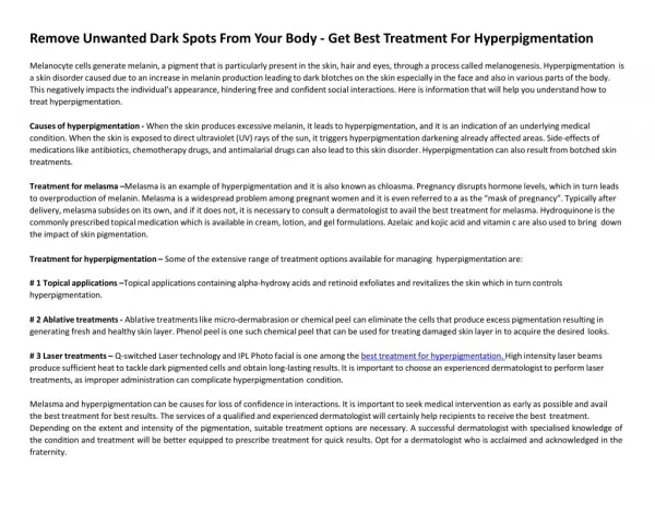 Remove unwanted dark spots from your body - Get best treatment for hyperpigmentation