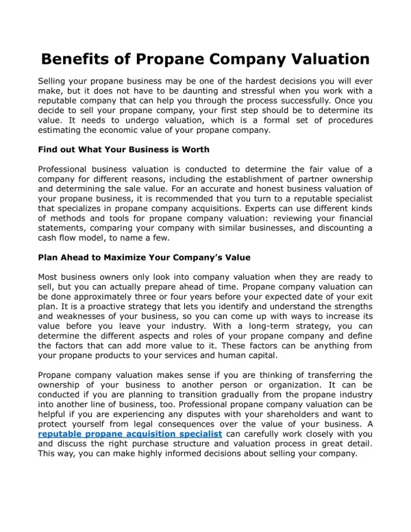 Benefits of Propane Company Valuation