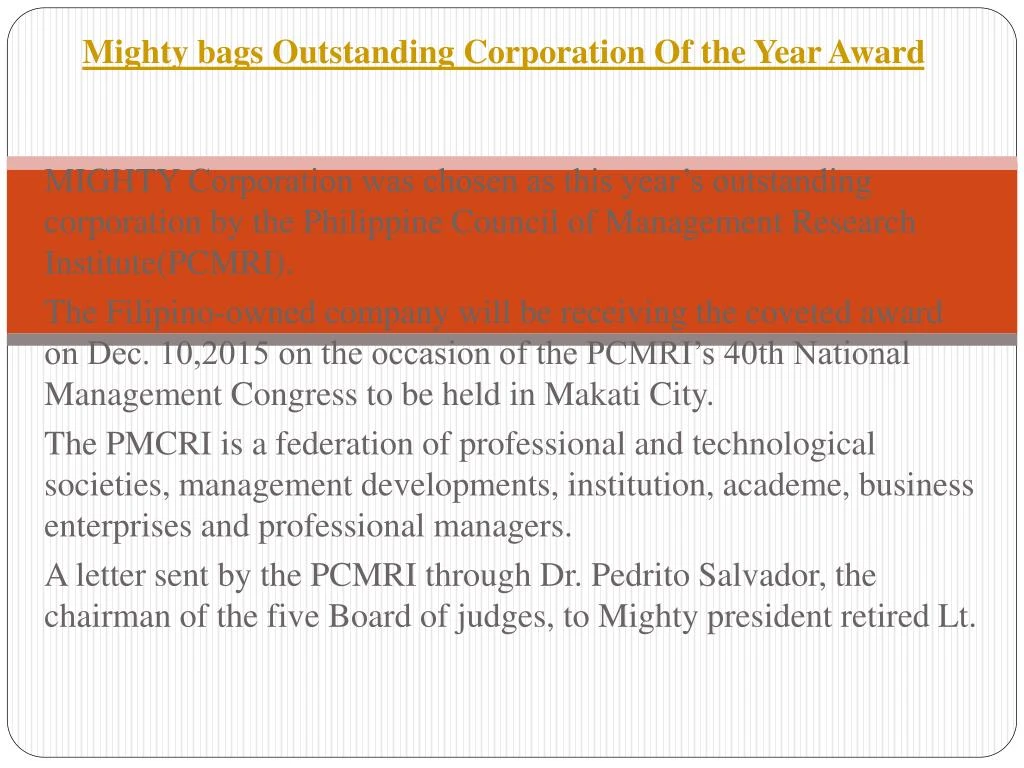 mighty bags outstanding corporation of the year award