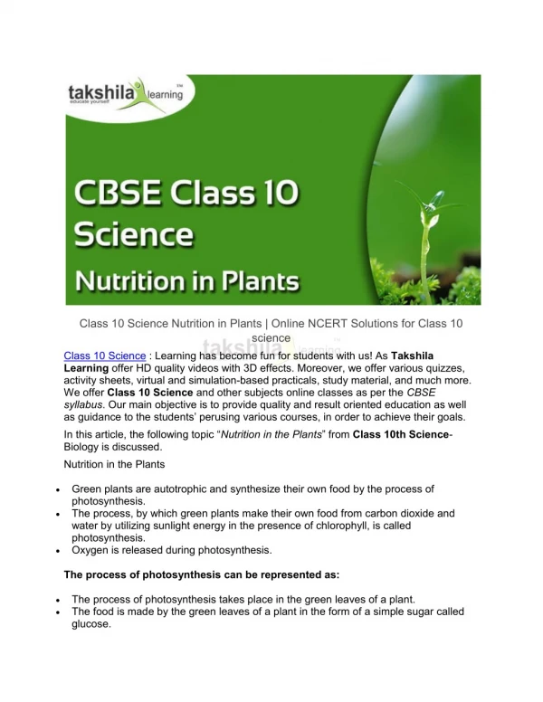 Class 10 Science Nutrition in Plants | Online NCERT Solutions 10th Class