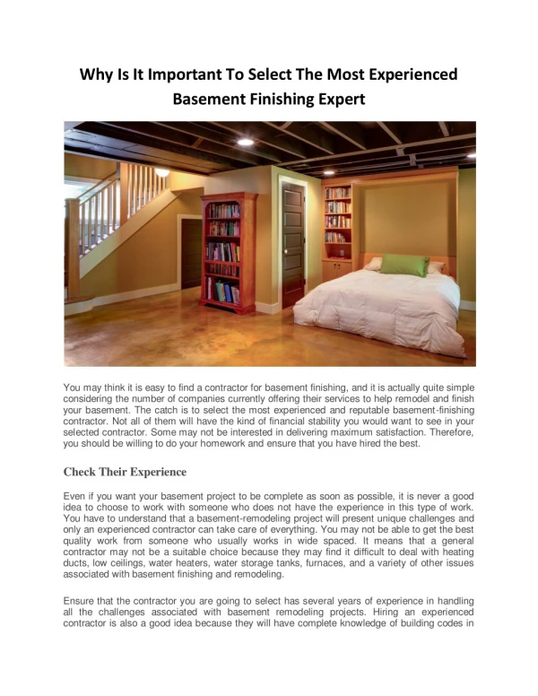 Why Is It Important To Select The Most Experienced Basement Finishing Expert?