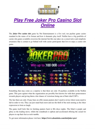 Play Free Joker Pro Casino Slot Online